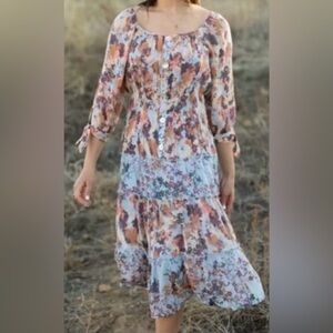 Fig and flower anthropology Floral Long Sleeve Dress with Tie Cuffs size XL